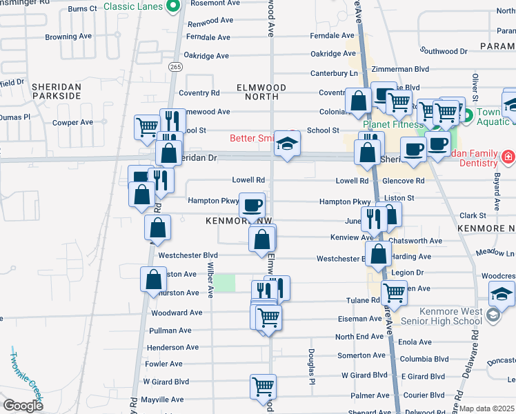 map of restaurants, bars, coffee shops, grocery stores, and more near in Erie County