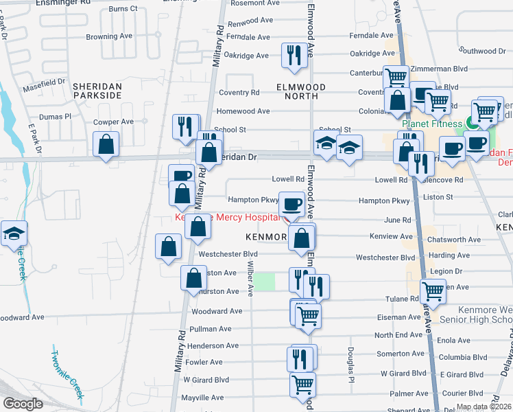 map of restaurants, bars, coffee shops, grocery stores, and more near 2960 Elmwood Avenue in Buffalo
