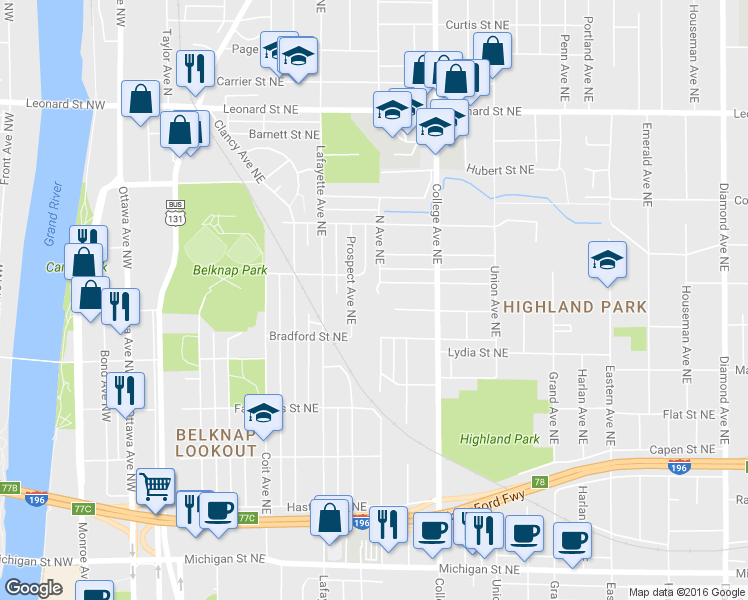 map of restaurants, bars, coffee shops, grocery stores, and more near 526 Westway Drive Northwest in Grand Rapids