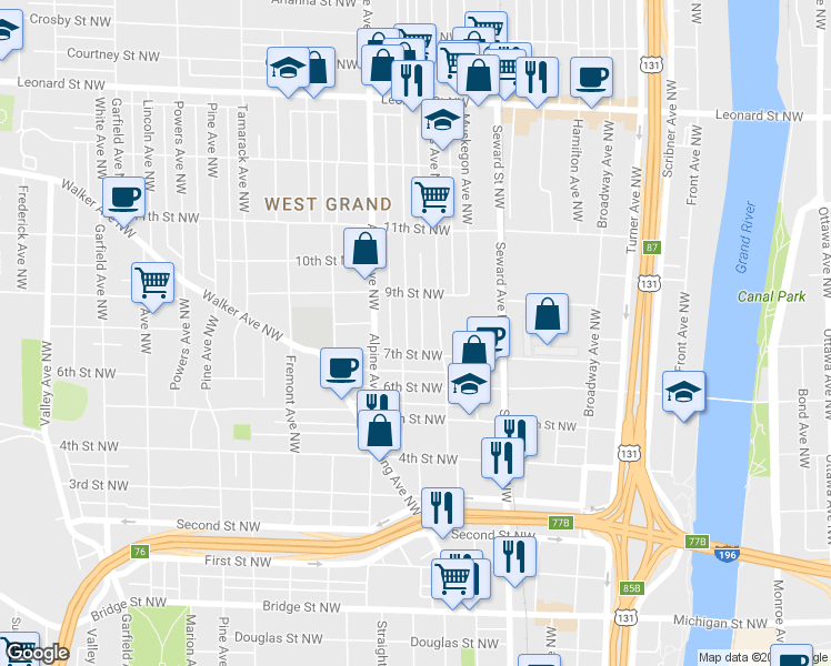 map of restaurants, bars, coffee shops, grocery stores, and more near 715 7th Street Northwest in Grand Rapids