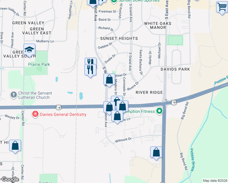 map of restaurants, bars, coffee shops, grocery stores, and more near 2030 Madera Street in Waukesha