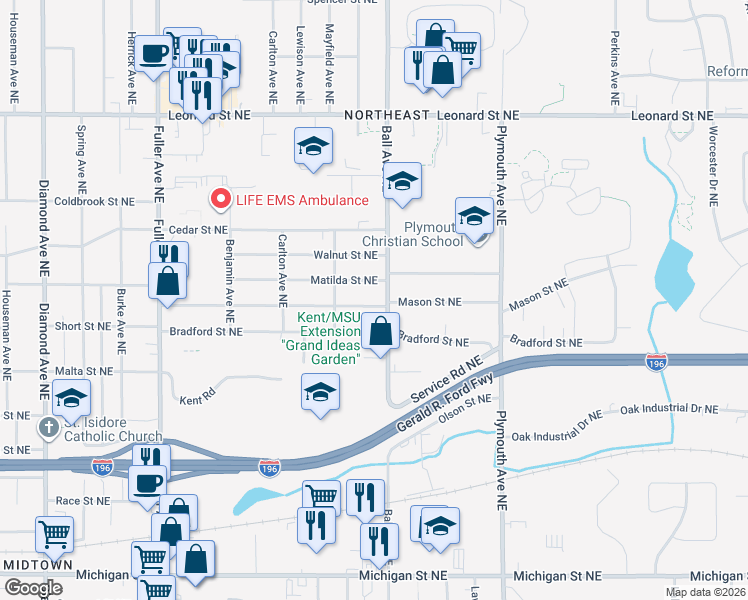 map of restaurants, bars, coffee shops, grocery stores, and more near 1541 Bradford Street Northeast in Grand Rapids