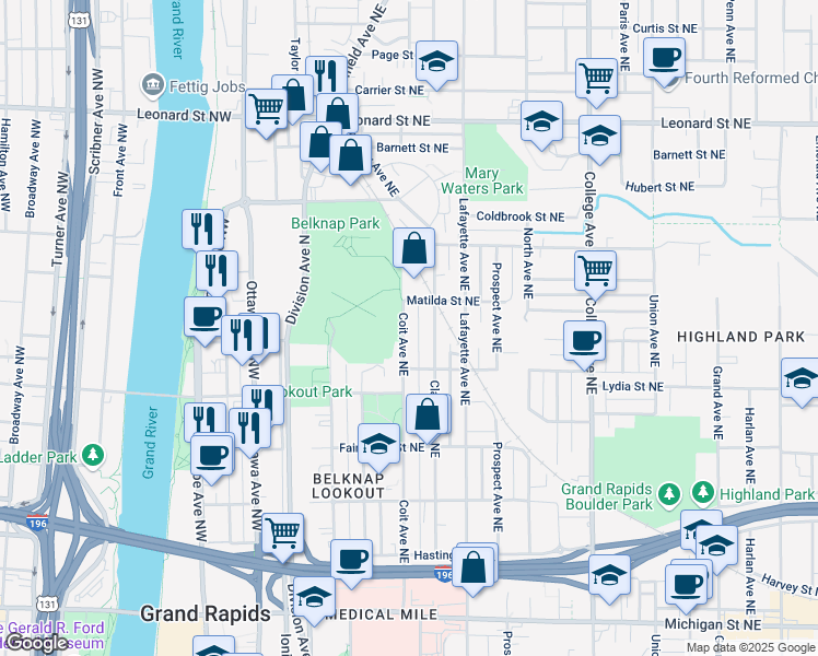 map of restaurants, bars, coffee shops, grocery stores, and more near 836 Coit Avenue Northeast in Grand Rapids