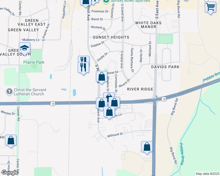 map of restaurants, bars, coffee shops, grocery stores, and more near 2029 Madera Street in Waukesha