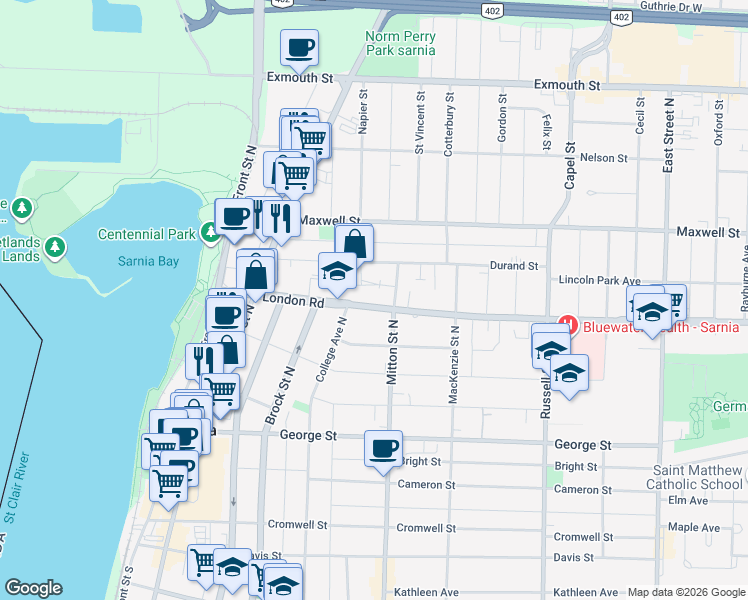 map of restaurants, bars, coffee shops, grocery stores, and more near 326 College Avenue North in Sarnia