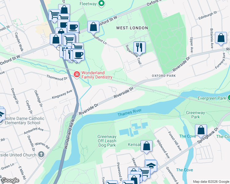 map of restaurants, bars, coffee shops, grocery stores, and more near 455 Riverside Drive in London