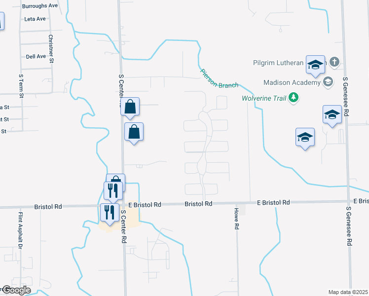 map of restaurants, bars, coffee shops, grocery stores, and more near 3388 Elmbrook in Burton