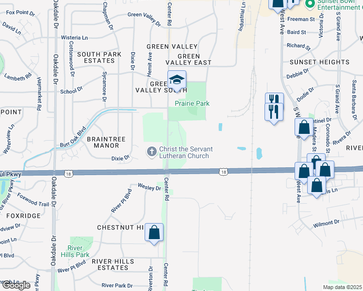 map of restaurants, bars, coffee shops, grocery stores, and more near W249S3624 Center Road in Waukesha