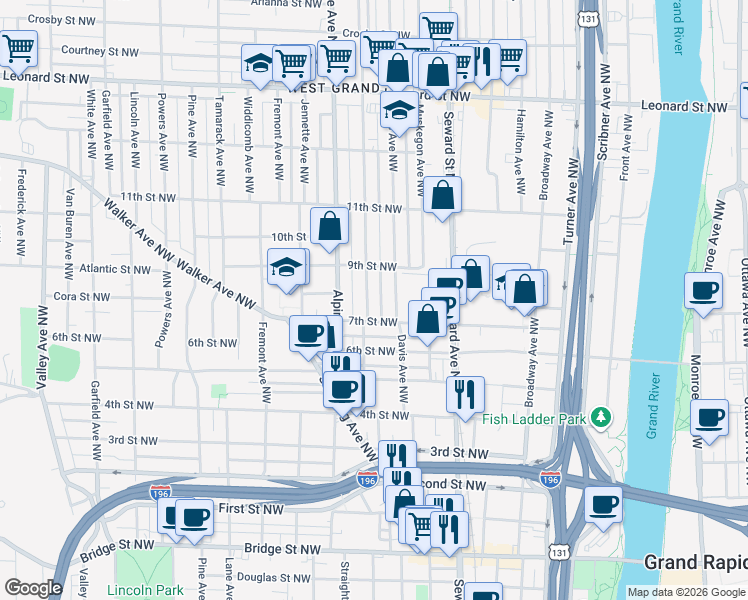 map of restaurants, bars, coffee shops, grocery stores, and more near 820 Mc Reynolds Avenue Northwest in Grand Rapids