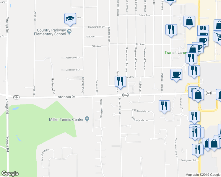 map of restaurants, bars, coffee shops, grocery stores, and more near 70 Seabrook Drive in Buffalo