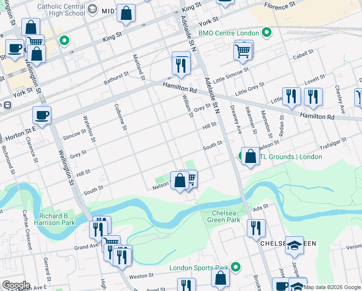 map of restaurants, bars, coffee shops, grocery stores, and more near 497 South Street in London
