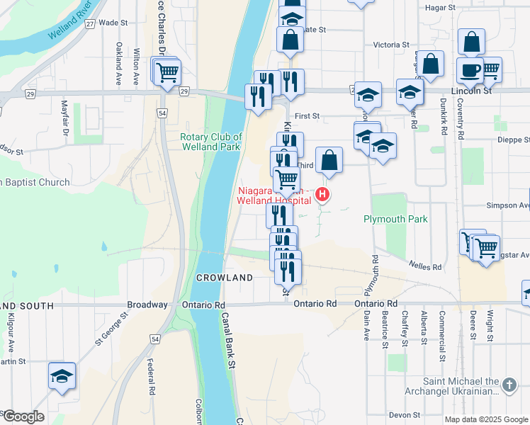 map of restaurants, bars, coffee shops, grocery stores, and more near 30 Fifth Street in Welland