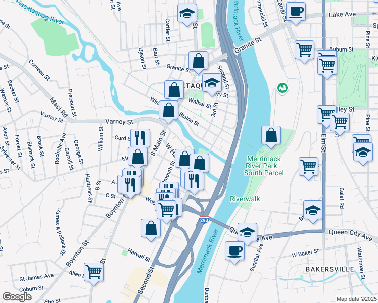 map of restaurants, bars, coffee shops, grocery stores, and more near 5B Colby Street in Manchester