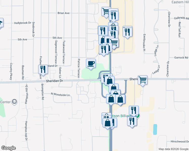 map of restaurants, bars, coffee shops, grocery stores, and more near 6315 Sheridan Drive in Buffalo