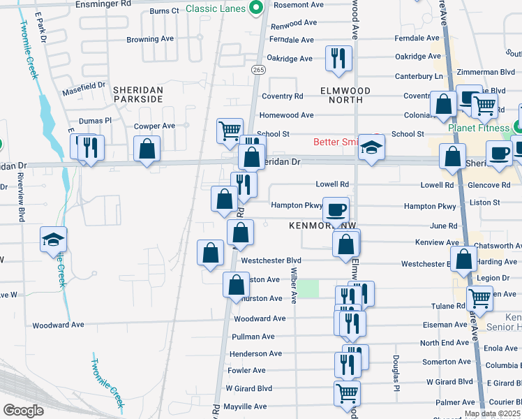 map of restaurants, bars, coffee shops, grocery stores, and more near 1495 Military Road in Kenmore