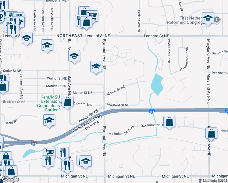 map of restaurants, bars, coffee shops, grocery stores, and more near 842 Plymouth Avenue Northeast in Grand Rapids