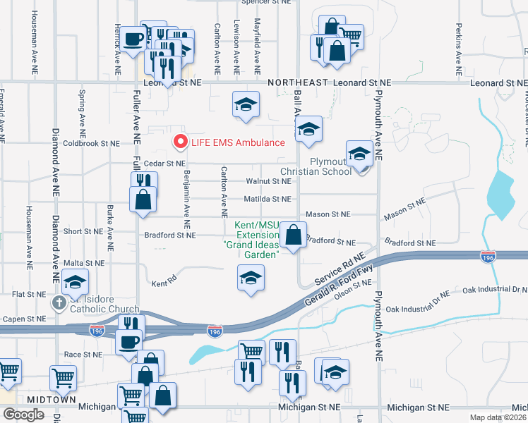 map of restaurants, bars, coffee shops, grocery stores, and more near 1503 Bradford Street Northeast in Grand Rapids