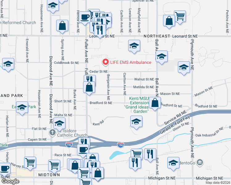 map of restaurants, bars, coffee shops, grocery stores, and more near 1301 Bradford Street Northeast in Grand Rapids
