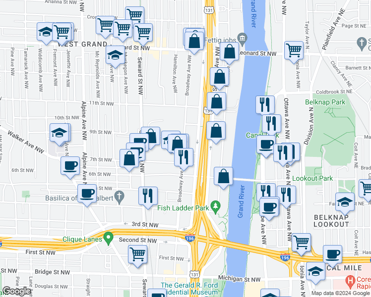 map of restaurants, bars, coffee shops, grocery stores, and more near 809 Turner Avenue Northwest in Grand Rapids