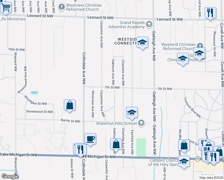 map of restaurants, bars, coffee shops, grocery stores, and more near 720 Oakhurst Avenue Northwest in Grand Rapids
