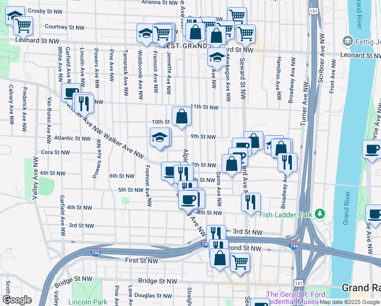 map of restaurants, bars, coffee shops, grocery stores, and more near 822 Alpine Avenue Northwest in Grand Rapids