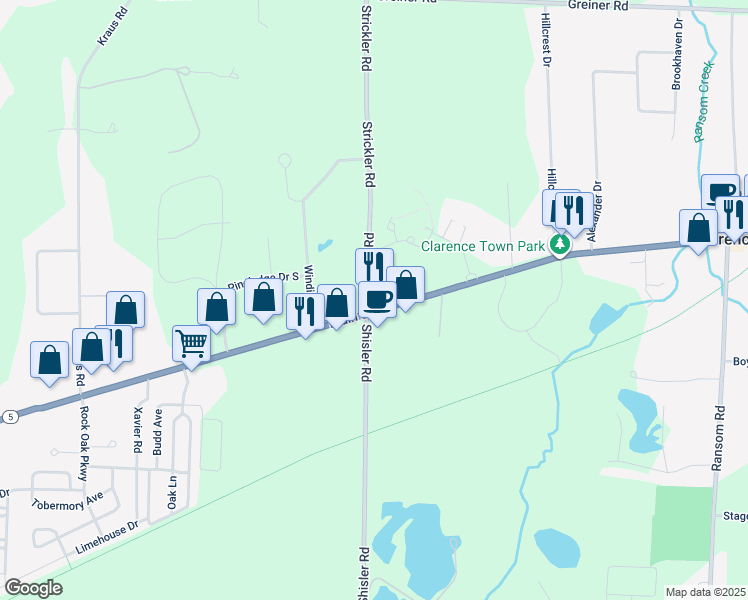 map of restaurants, bars, coffee shops, grocery stores, and more near 10250 Main Street in Clarence