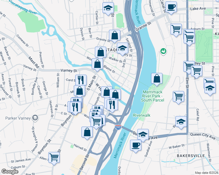 map of restaurants, bars, coffee shops, grocery stores, and more near 65 Log Street in Manchester
