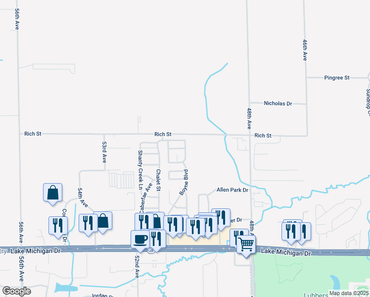 map of restaurants, bars, coffee shops, grocery stores, and more near 5056 Squaw Valley Lane in Allendale Charter Township