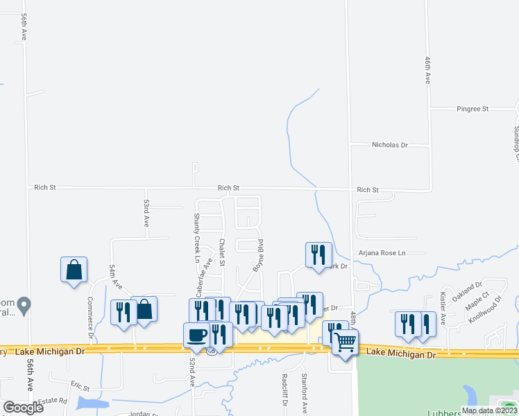 map of restaurants, bars, coffee shops, grocery stores, and more near 5070 Squaw Valley Lane in Allendale Charter Township