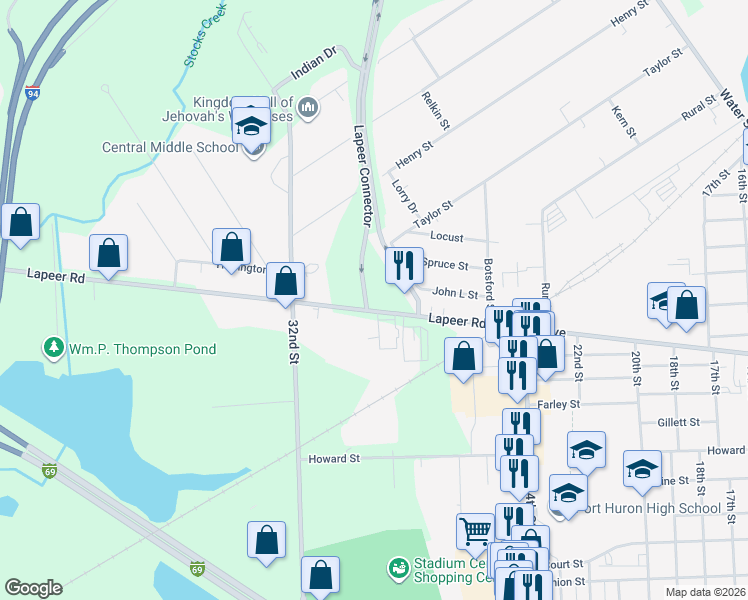 map of restaurants, bars, coffee shops, grocery stores, and more near 2970 Lapeer Road in Port Huron