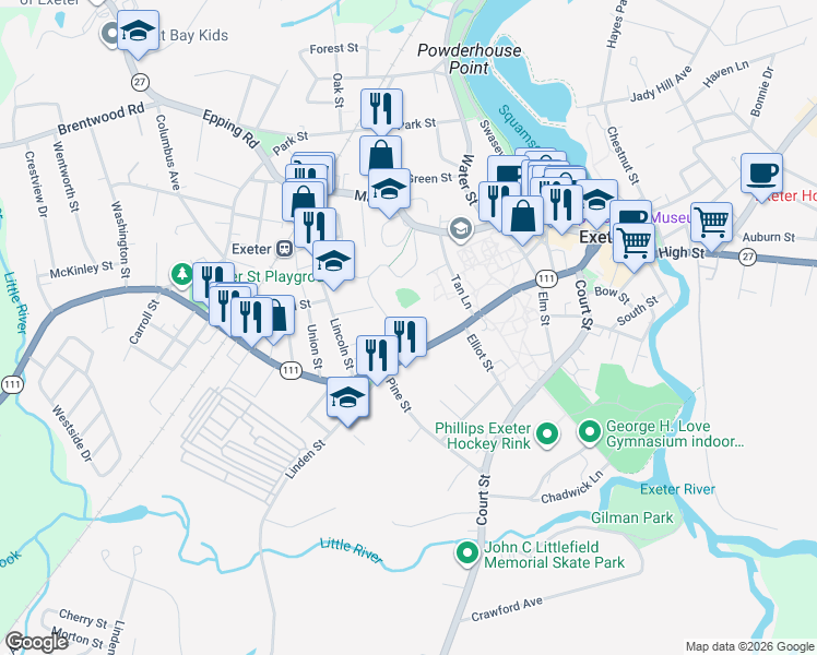 map of restaurants, bars, coffee shops, grocery stores, and more near 89 Front St in Exeter