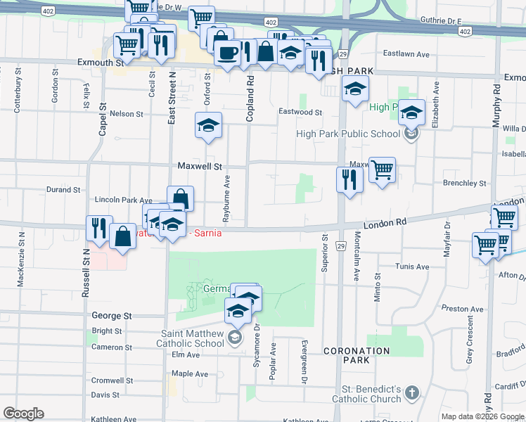 map of restaurants, bars, coffee shops, grocery stores, and more near 837 Wilmont Place in Sarnia
