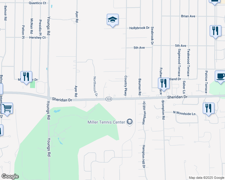 map of restaurants, bars, coffee shops, grocery stores, and more near 70 Country Parkway in Buffalo