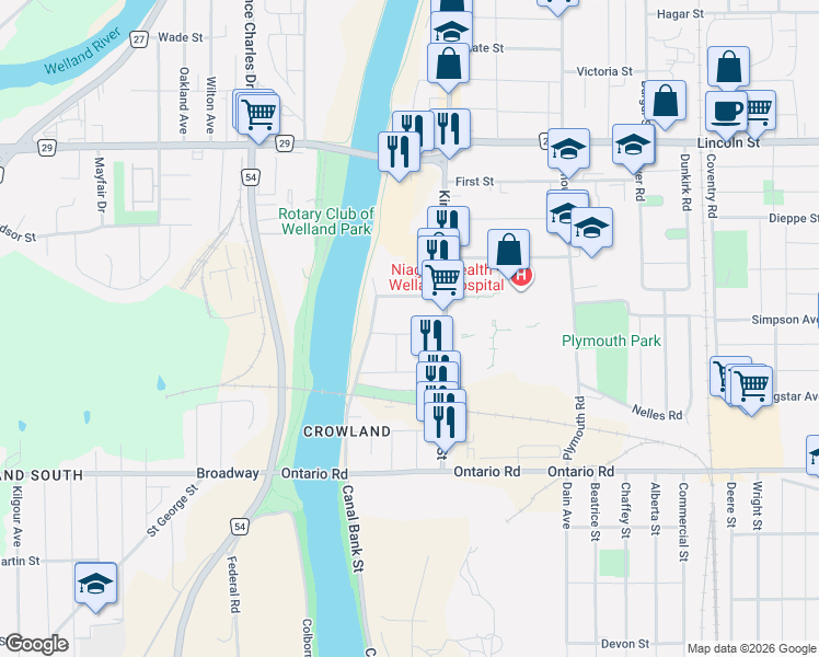 map of restaurants, bars, coffee shops, grocery stores, and more near 30 Fifth Street in Welland