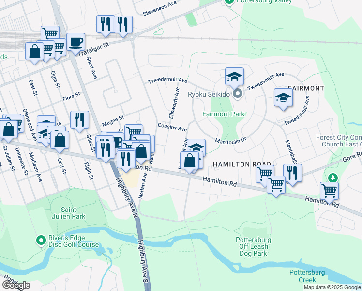 map of restaurants, bars, coffee shops, grocery stores, and more near 117 Fairmont Avenue in London