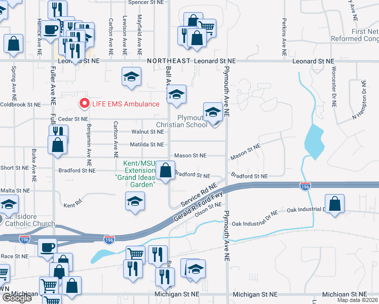 map of restaurants, bars, coffee shops, grocery stores, and more near 1631 Matilda Street Northeast in Grand Rapids
