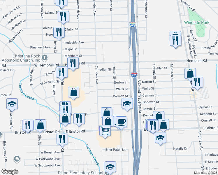 map of restaurants, bars, coffee shops, grocery stores, and more near 1171 Norton Street in Burton