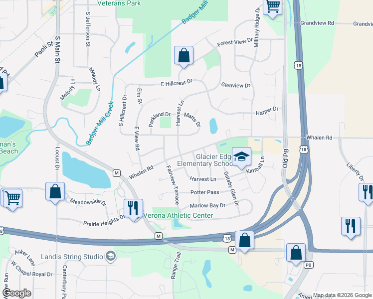 map of restaurants, bars, coffee shops, grocery stores, and more near 744 Whalen Road in Verona
