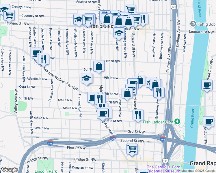 map of restaurants, bars, coffee shops, grocery stores, and more near 827 Mc Reynolds Avenue Northwest in Grand Rapids