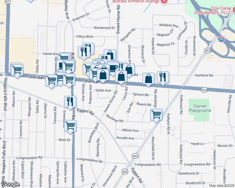 map of restaurants, bars, coffee shops, grocery stores, and more near 561 Sweet Home Road in Buffalo