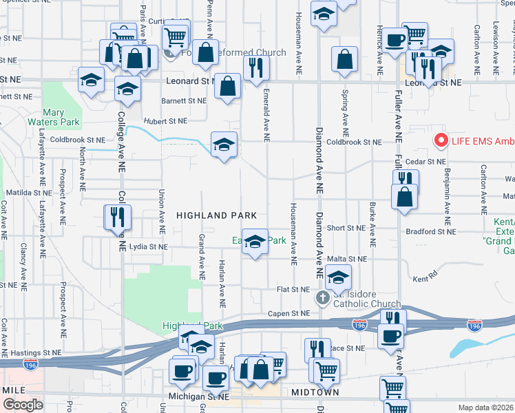 map of restaurants, bars, coffee shops, grocery stores, and more near 911 Emerald Avenue Northeast in Grand Rapids