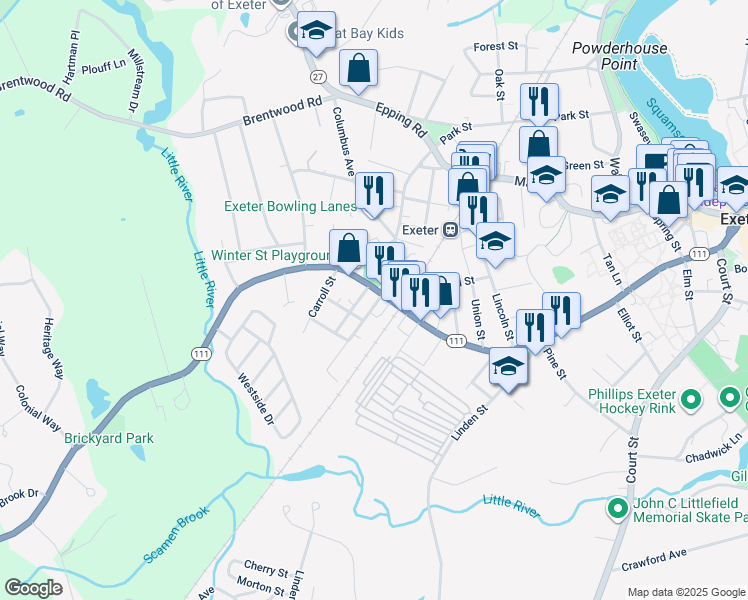 map of restaurants, bars, coffee shops, grocery stores, and more near 167 Front Street in Exeter