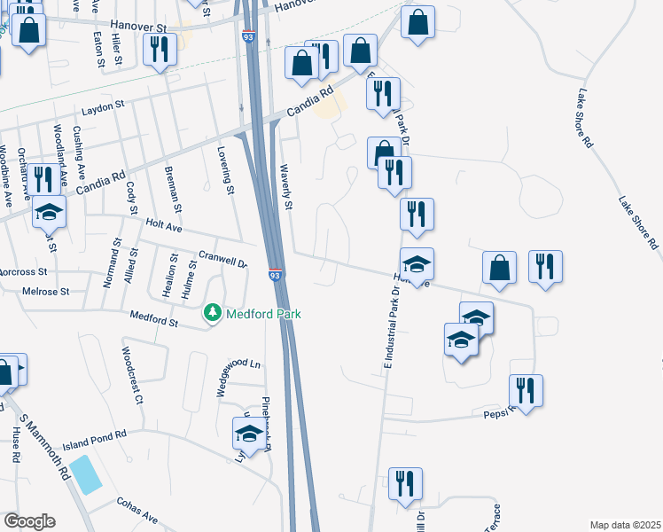 map of restaurants, bars, coffee shops, grocery stores, and more near 24 Eastwood Way in Manchester