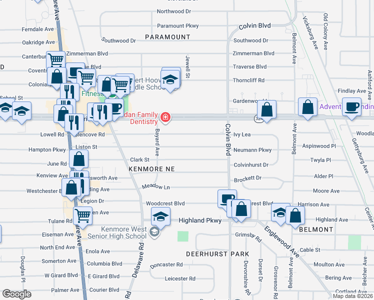 map of restaurants, bars, coffee shops, grocery stores, and more near 263 Glencove Road in Buffalo