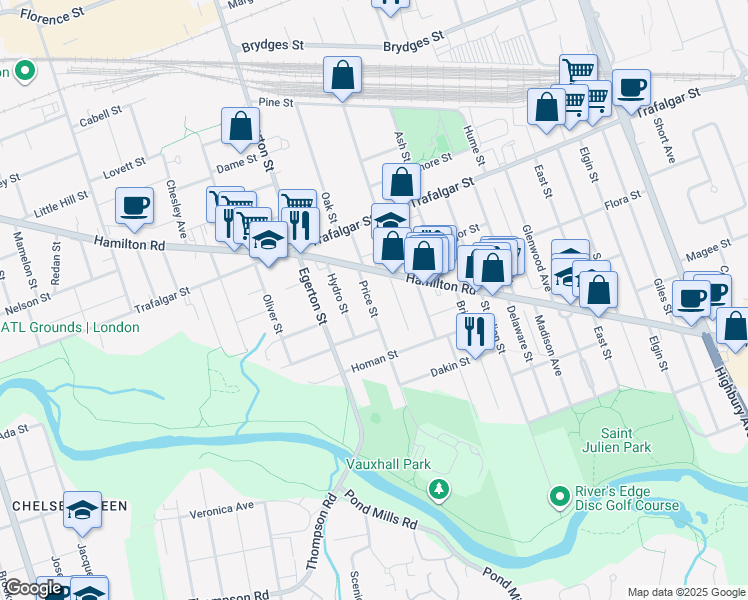 map of restaurants, bars, coffee shops, grocery stores, and more near 659 Hamilton Road in London