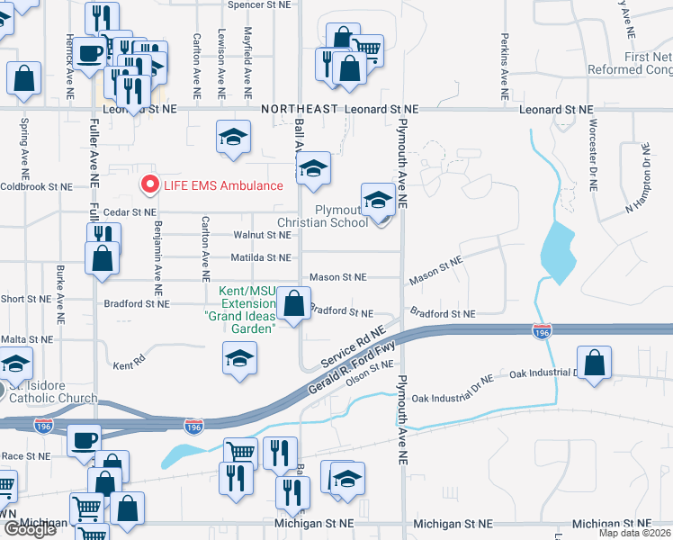 map of restaurants, bars, coffee shops, grocery stores, and more near 1631 Matilda Street Northeast in Grand Rapids