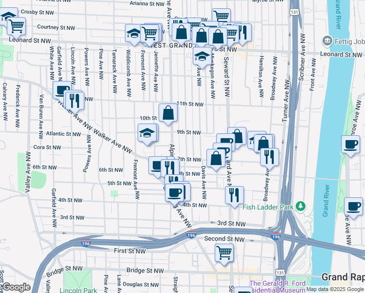 map of restaurants, bars, coffee shops, grocery stores, and more near 730 9th Street Northwest in Grand Rapids