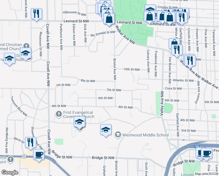 map of restaurants, bars, coffee shops, grocery stores, and more near 1628 8th Street Northwest in Grand Rapids