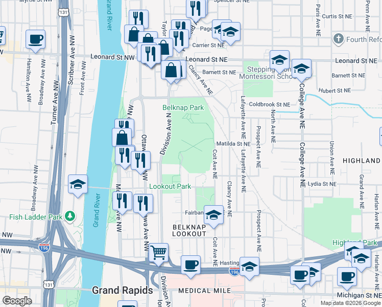 map of restaurants, bars, coffee shops, grocery stores, and more near 840 Livingston Avenue Northeast in Grand Rapids