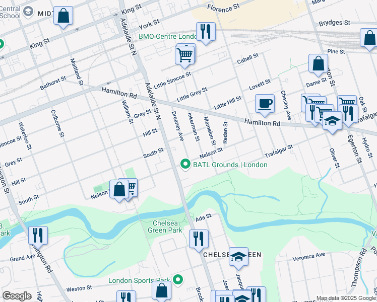 map of restaurants, bars, coffee shops, grocery stores, and more near 82 Dreaney Avenue in London